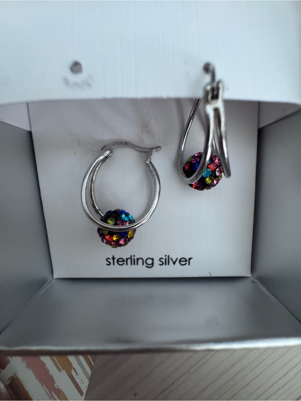 NIB Mia Sarine Sterling Silver Rainbow Crystal  Ball Split Hoop Drop Earrings - Picture 3 of 3